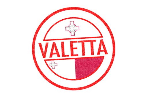 Passport-style VALETTA (capital of Malta) rubber stamp over a white background.