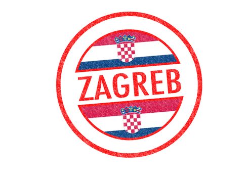 Passport-style ZAGREB (Croatia) rubber stamp over a white background.