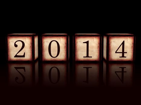 new year 2014 in 3d wooden cubes with ciphers over black background, retro concept