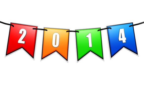 new year 2014 on 3d colored flags on a rope isolated over white background