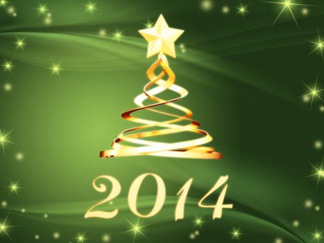 new year 2014 and golden christmas tree over green background with stars