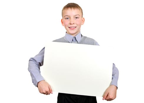 Cheerful Boy hold Blank Board isolated on the white background