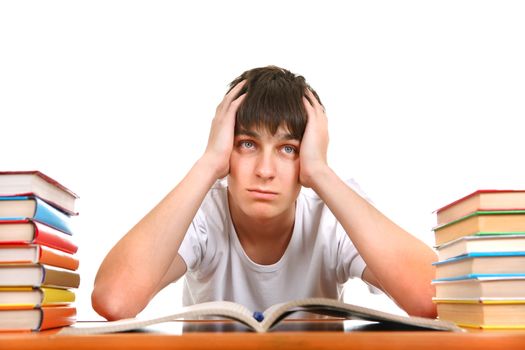 Sad and Tired Student after Hard Work for Exam Isolated on the White Background