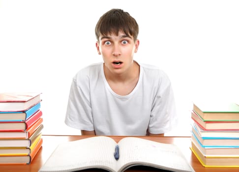 Surprised Student on the School Desk Isolated On the White Background