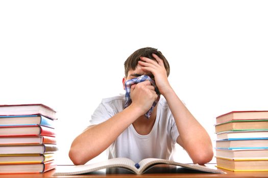 Sick Student at the School Desk Isolated on the white background