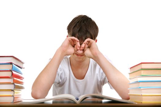 Tired Student Rub his Eyes Isolated on the White Background