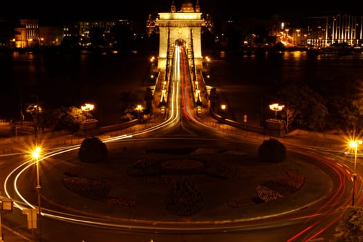 Night image with traffic of the hungarian chain Bridge extremly high donau