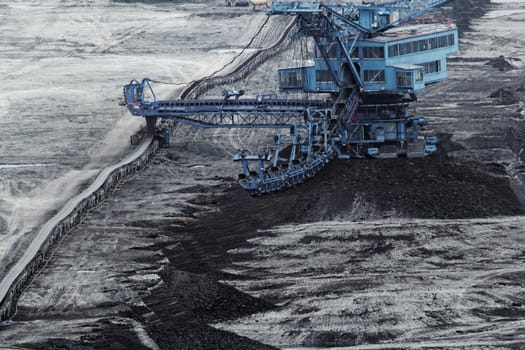 Coal mining in an open pit with huge industrial machine