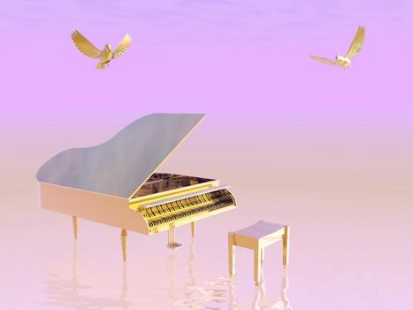 Golden grand piano plus chair with two little birds flying around in pink background