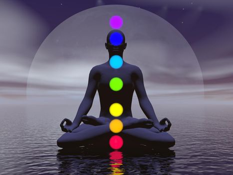 Silhouette of a man meditating with seven colorful chakras upon ocean by full moon dark night