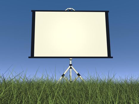 Empty white projection screen in nature with green grass and blue sky