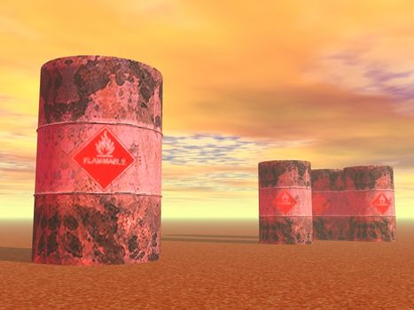 Three barrels with flame sign on the ground by sunset light