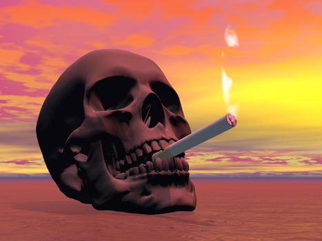Skull on the ground smoking a burning cigarette by sunset light