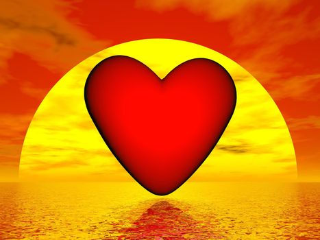 Red heart shape upon ocean in front of beautiful sunset