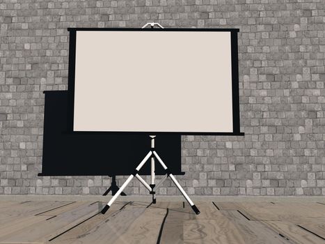 Empty white projection screen on the wallpaper background