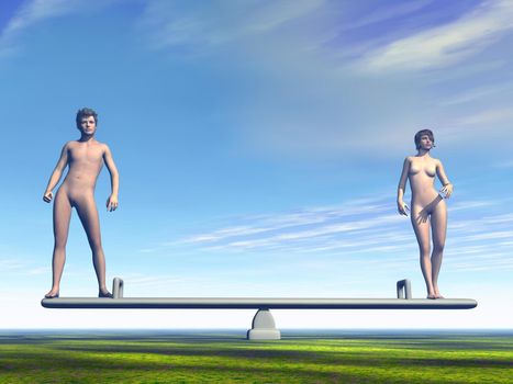 One man and woman on a balance representing equality between the sexes