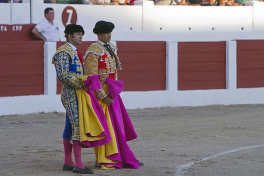Spanish Bullfighter Morante de la Puebla and Jose Maria Manzanares with the Cape in the Bullfight, Linares, Jaen, Spain, 28 august 2010