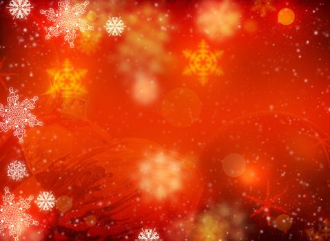 Christmas background is. White snowflakes and Christmas decorations on a red background