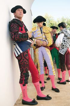 Bullfighters at the paseillo or initial parade. Bullfight at Andujar bullring, Andujar, Spain, 15 august 2009