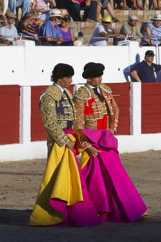 Spanish Bullfighter Curro Diaz and Jose Maria Manzanares with the Cape in the Bullfight, Linares, Jaen, Spain, 28 august 2010