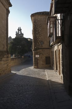 Corner in Real street and two bellfry of Church of Santa Maria de los Reales Alcazares, Ubeda, Jaen province, Spain