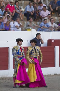 Spanish Bullfighter Curro Diaz and Morante de la Puebla with the Cape in the Bullfight, Linares, Jaen, Spain