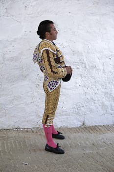 Spanish Bullfighter El Fundi waiting for the exit in the alley from the bullring of Pozoblanco , province of Cordoba, Spain. 24 september 2010