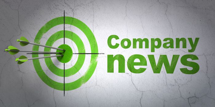 Success news concept: arrows hitting the center of target, Green Company News on wall background, 3d render