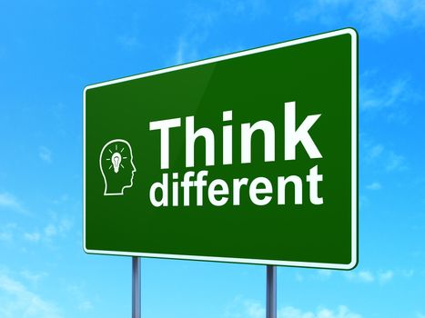 Education concept: Think Different and Head With Lightbulb icon on green road (highway) sign, clear blue sky background, 3d render