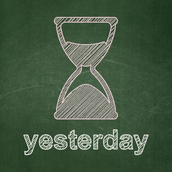 Timeline concept: Hourglass icon and text Yesterday on Green chalkboard background, 3d render