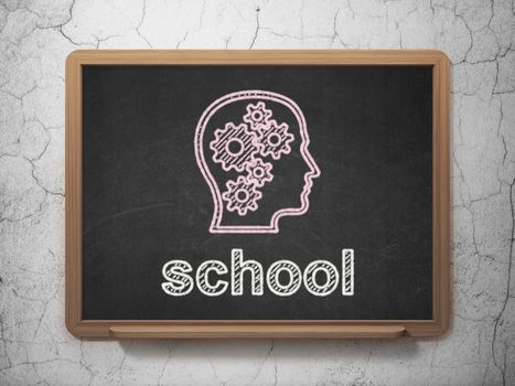 Education concept: Head With Gears icon and text School on Black chalkboard on grunge wall background, 3d render