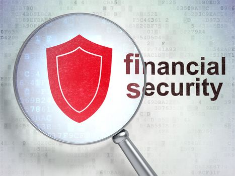 Safety concept: magnifying optical glass with Shield icon and Financial Security word on digital background, 3d render