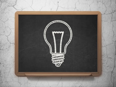 Business concept: Light Bulb icon on Black chalkboard on grunge wall background, 3d render