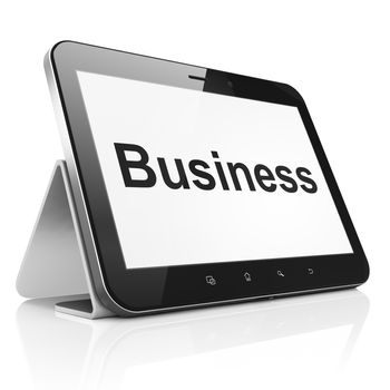 Finance concept: black tablet pc computer with text Business on display. Modern portable touch pad on White background, 3d render