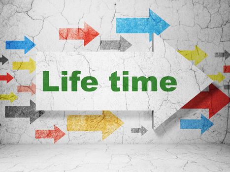 Time concept:  arrow whis Life Time on grunge textured concrete wall background, 3d render