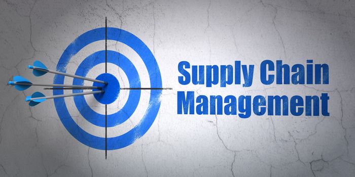 Success marketing concept: arrows hitting the center of target, Blue Supply Chain Management on wall background, 3d render