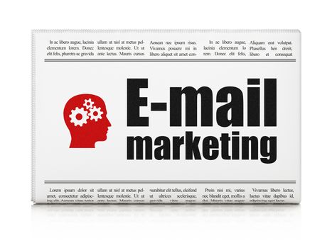 Marketing concept: newspaper headline E-mail Marketing and Head With Gears icon on White background, 3d render