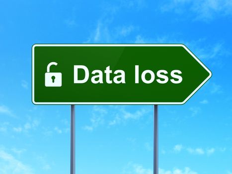Data concept: Data Loss and Opened Padlock icon on green road (highway) sign, clear blue sky background, 3d render
