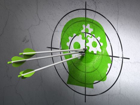 Success business concept: arrows hitting the center of Green Head With Gears target on wall background, 3d render