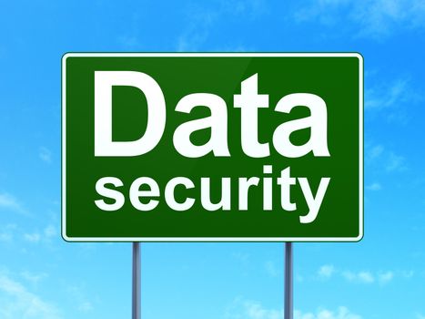 Security concept: Data Security on green road (highway) sign, clear blue sky background, 3d render