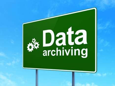 Data concept: Data Archiving and Gears icon on green road (highway) sign, clear blue sky background, 3d render