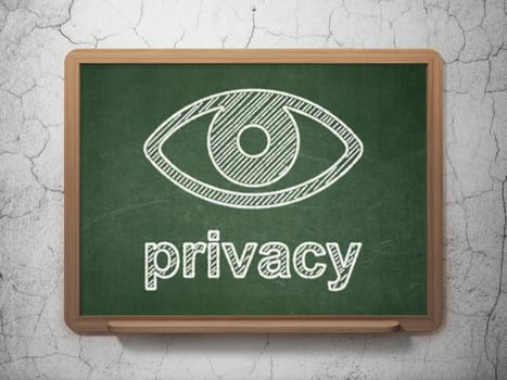 Privacy concept: Eye icon and text Privacy on Green chalkboard on grunge wall background, 3d render