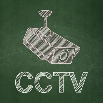 Protection concept: Cctv Camera icon and text CCTV on Green chalkboard background, 3d render