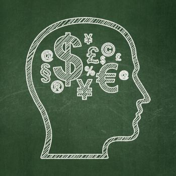 Advertising concept: Head With Finance Symbol icon on Green chalkboard background, 3d render