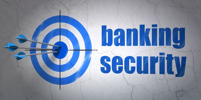Success protection concept: arrows hitting the center of target, Blue Banking Security on wall background, 3d render
