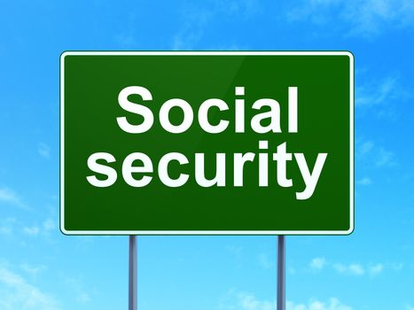 Safety concept: Social Security on green road (highway) sign, clear blue sky background, 3d render