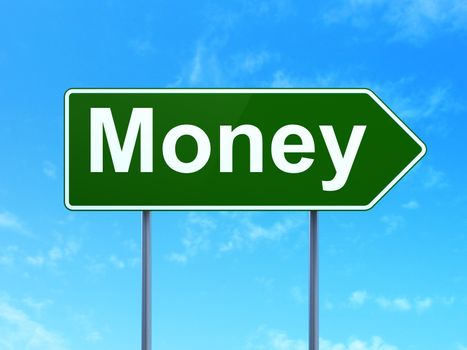 Finance concept: Money on green road (highway) sign, clear blue sky background, 3d render