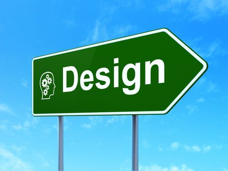 Advertising concept: Design and Head With Gears icon on green road (highway) sign, clear blue sky background, 3d render