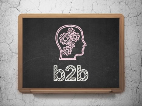 Finance concept: Head With Gears icon and text B2b on Black chalkboard on grunge wall background, 3d render