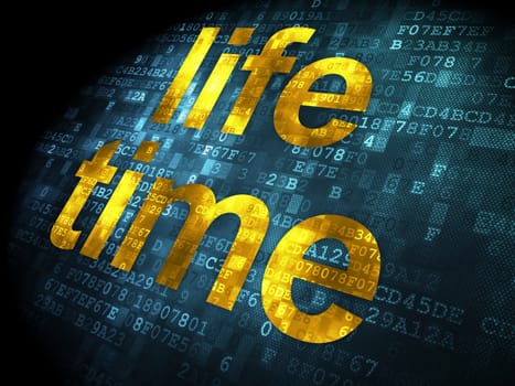 Timeline concept: pixelated words Life Time on digital background, 3d render